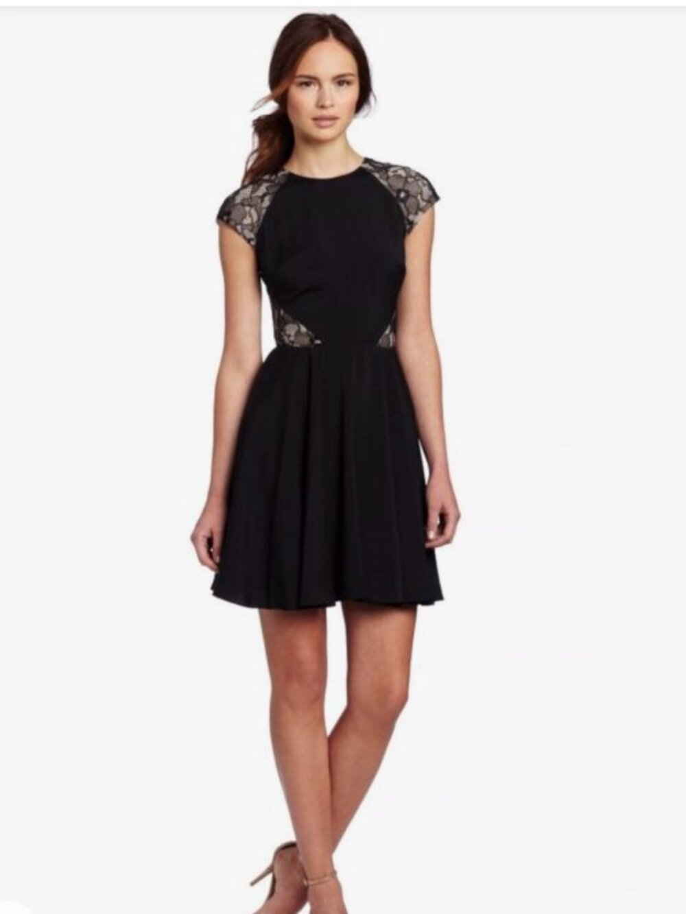 Erin Fetherston Lace Inset Fit and Flare Dress Black Cap Sleeves D15-H012 NWT